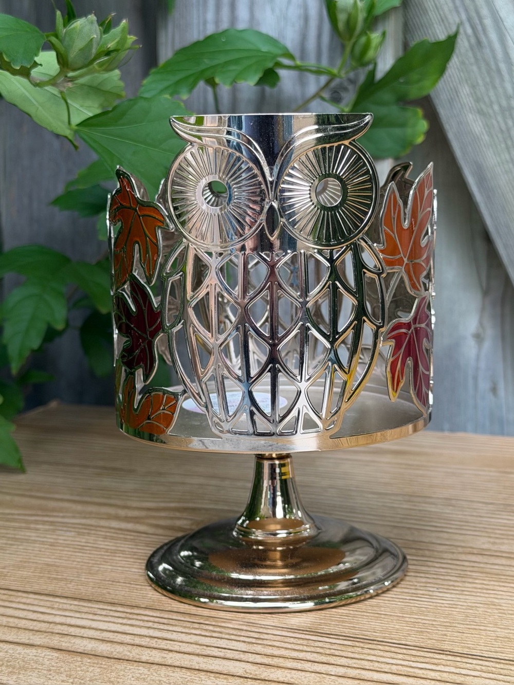 Bath & Body Works Owl Fall Autumn Leaf 3-Wick Candle Sleeve Pedestal